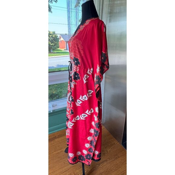 Vintage 80s muumuu, red, coral, black white floral, nylon hostess dress, cinched - Picture 3 of 9